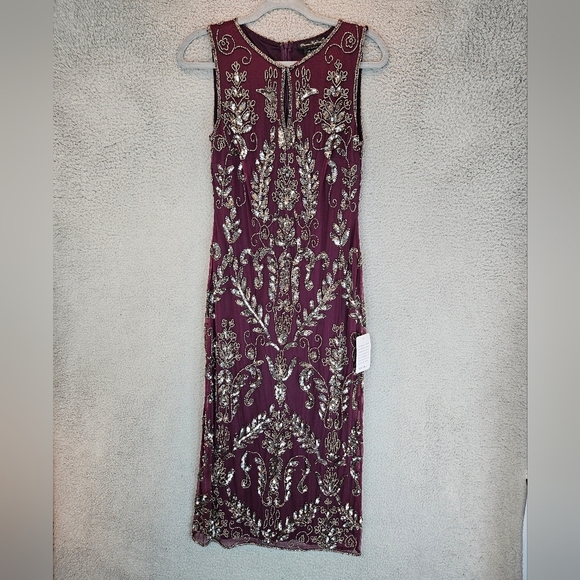 Pisarro Night Womens T Length Silver Beaded Gown Sz 8 Wine Color Chiffon Lined - Picture 2 of 15